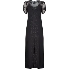 1930s Black Silk Crepe Dress With Floral Appliqué Embellishment