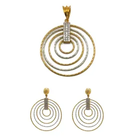 22K Multi Tone Gold Pendant Set W/ CZ Gems & Multi Layer Hoop Design