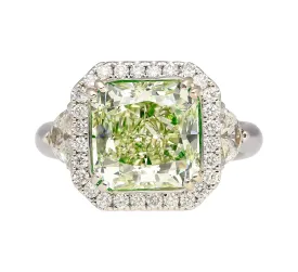 4.26 Carat Radiant Cut Fancy Yellowish Green SI1 Clarity 18K GIA Diamond Ring