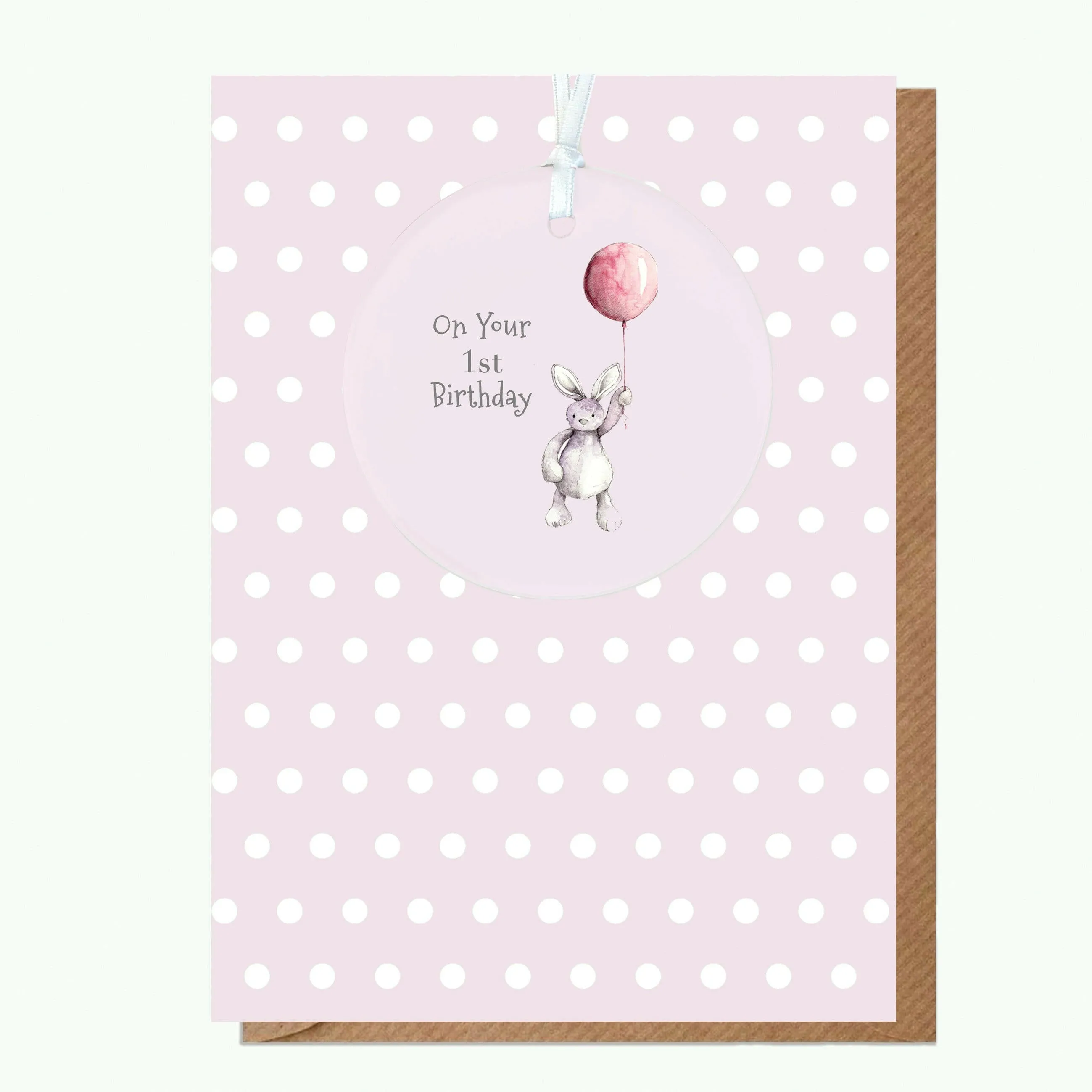 A6 Greeting Card with Ceramic Keepsake - Baby 1st Birthday Girl Teddy & Balloon