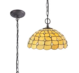 Aero 2 Light Downlighter Pendant E27 With 30cm Tiffany Shade, Beige/Clear Crystal/Aged Antique Brass