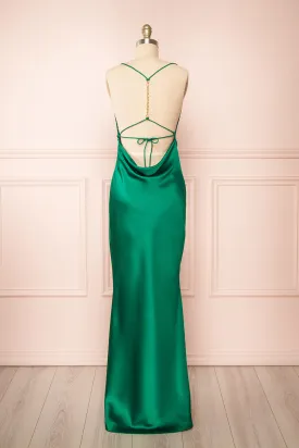 Areane Green | Cowl Neck Satin Maxi Dress w/ Chain