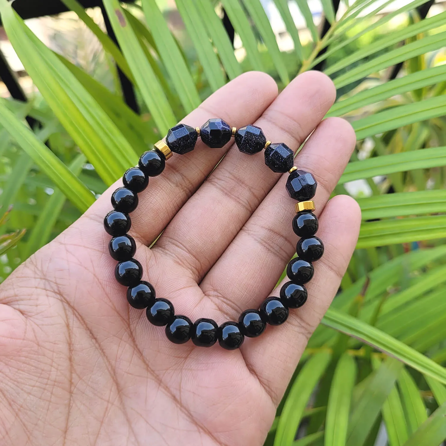 Diamond Cut Blue Sunstone With Black Obsidian And Golden Hematite Bracelet