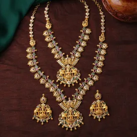 Estele Gold Plated CZ Traditional Laxmi Ji Decorated Bridal Short & Long Necklace Set with Color Stones