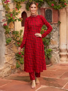 Ethnic Chevron Printed A-Line Flared Kurta with Pant - Maroon