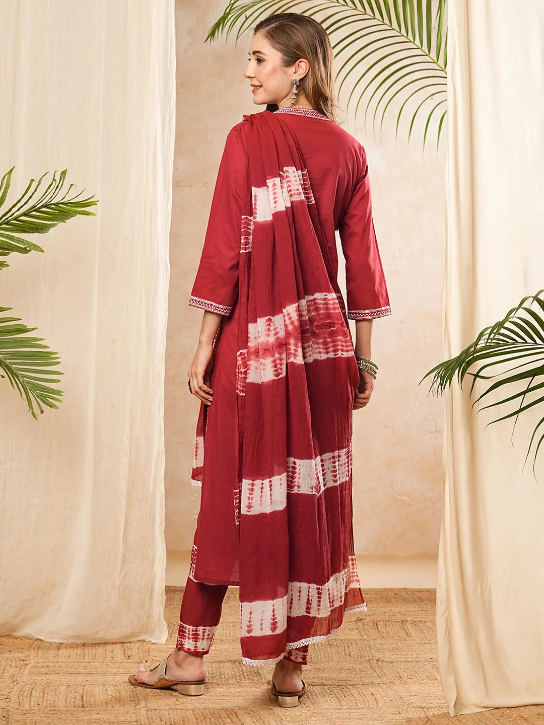 Ethnic Embroidered Kurta with Pant & Tie-Dyed Pure Cotton Dupatta - Maroon