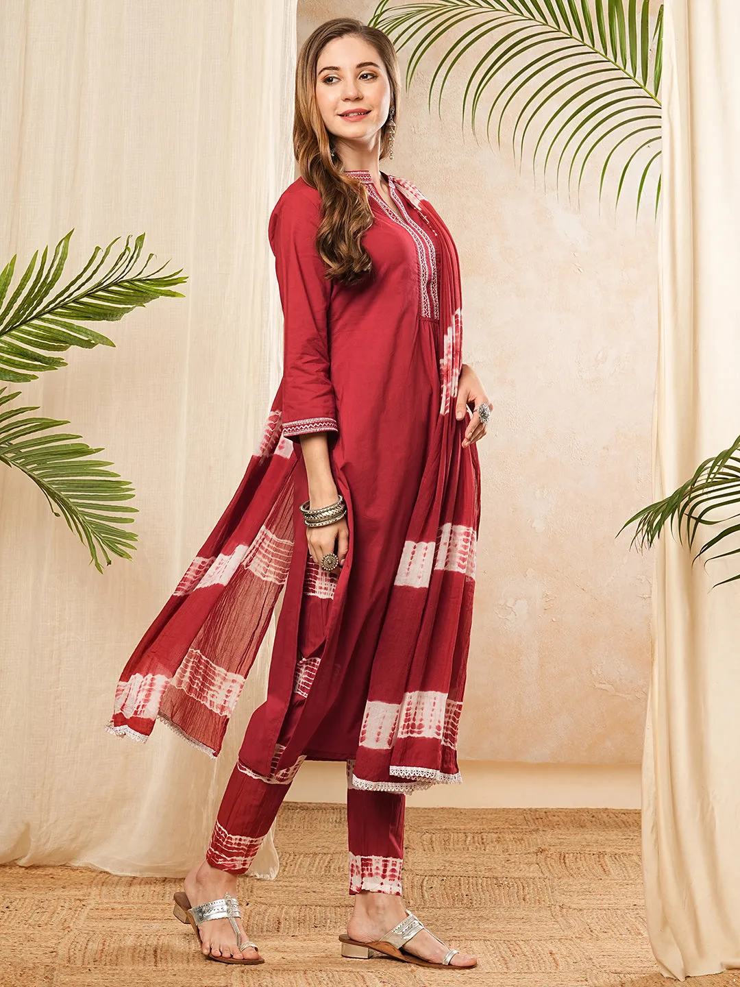 Ethnic Embroidered Kurta with Pant & Tie-Dyed Pure Cotton Dupatta - Maroon