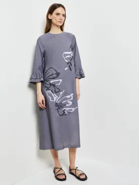 Floral Embroidered Cotton Poplin Midi Dress, Grey