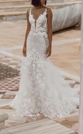 H1197 - Sexy Trumpt Lace V-Neck Spaghetti Straps Illusion Appliques With Train Boho/Beach Wedding Dress