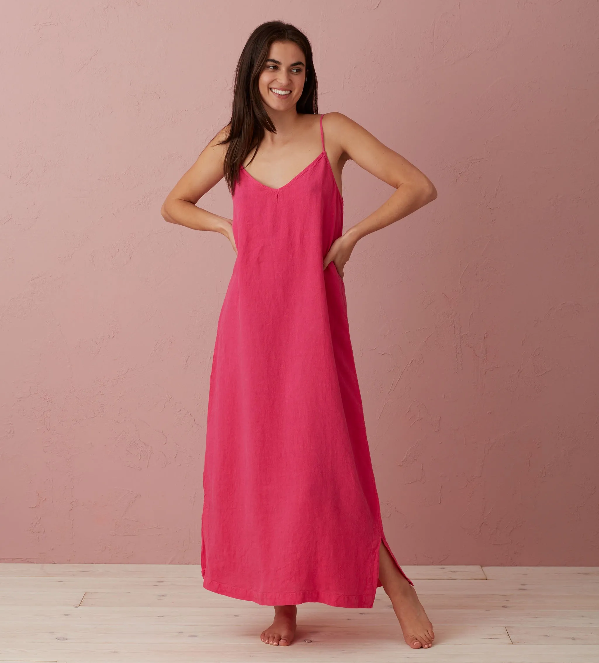 Hot Pink Willa 100% Linen Long Cami Nightie