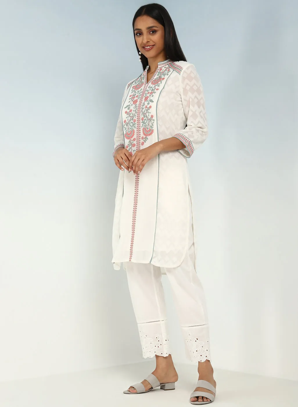 Ivory Embroidery Knee Length Kurti