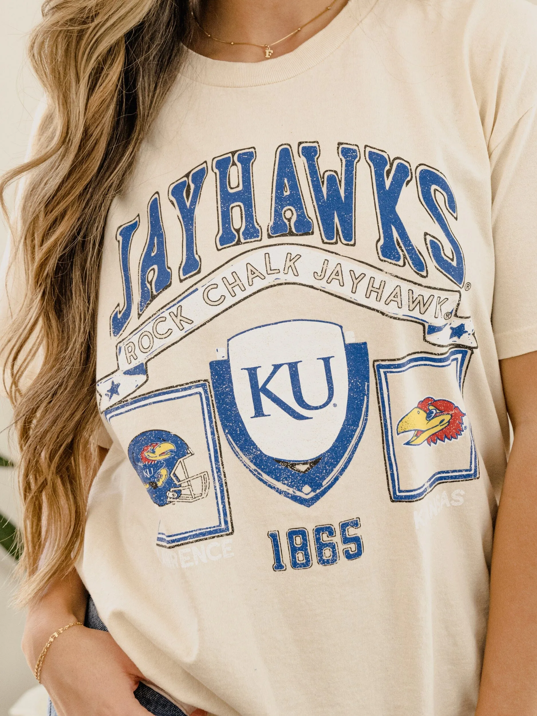 KU Jayhawks Prep Patch Off White Thrifted Tee