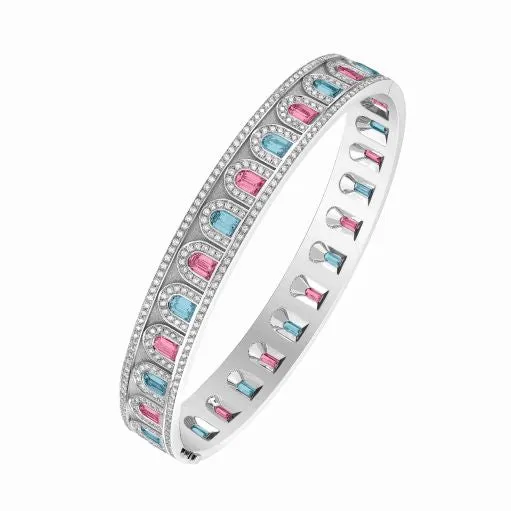 L'Arc Deco Bangle in Platinum with DAVIDOR Arch Cut Aquamarines DAVIDOR Arch Cut Pink Tourmalines and Brilliant Diamonds