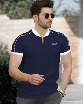 Men Navy Blue Zip-neck Half Sleeve White Piping T-shirt