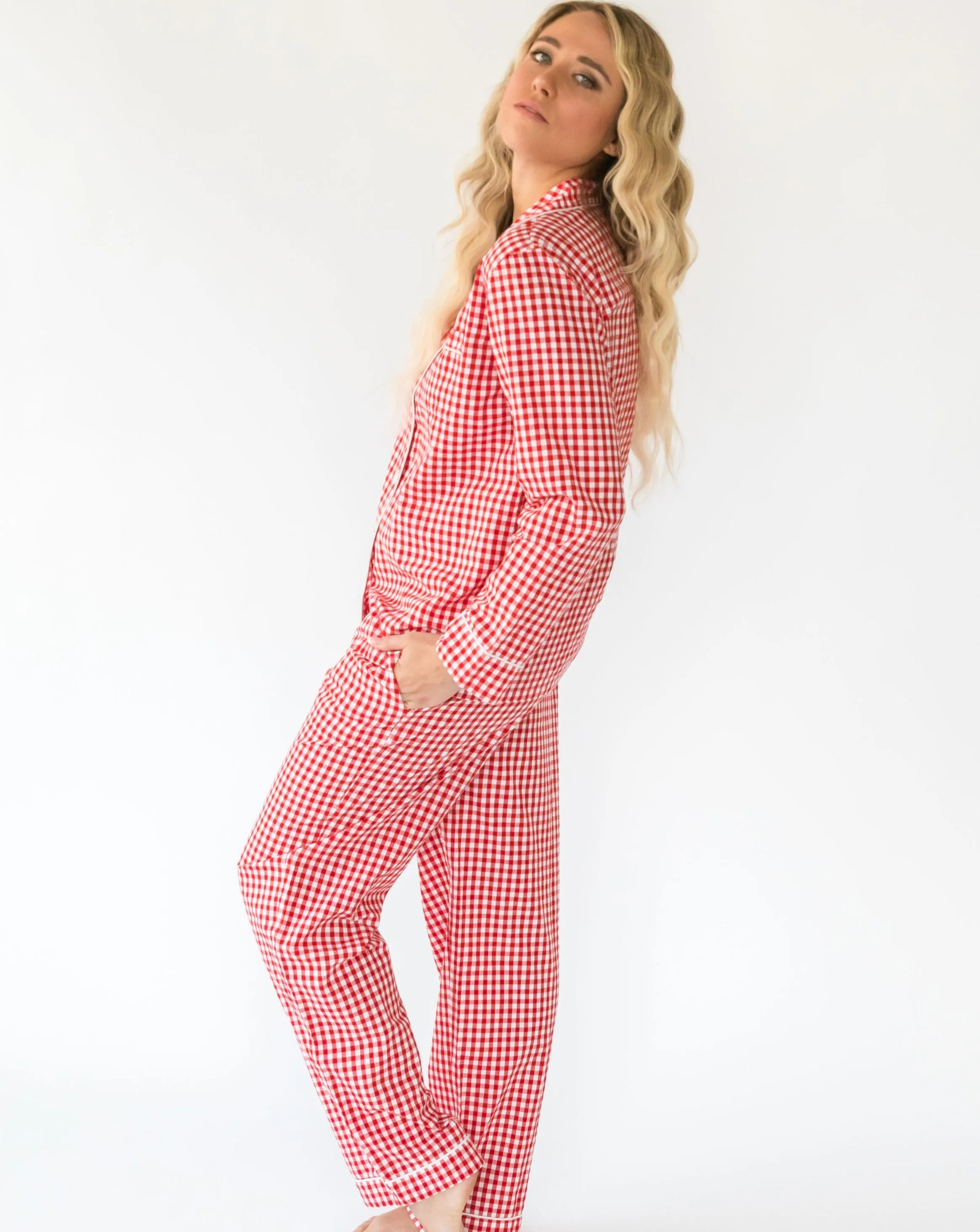 Myra Red Gingham Women's Long Sleeve Shirt & Pajama Set