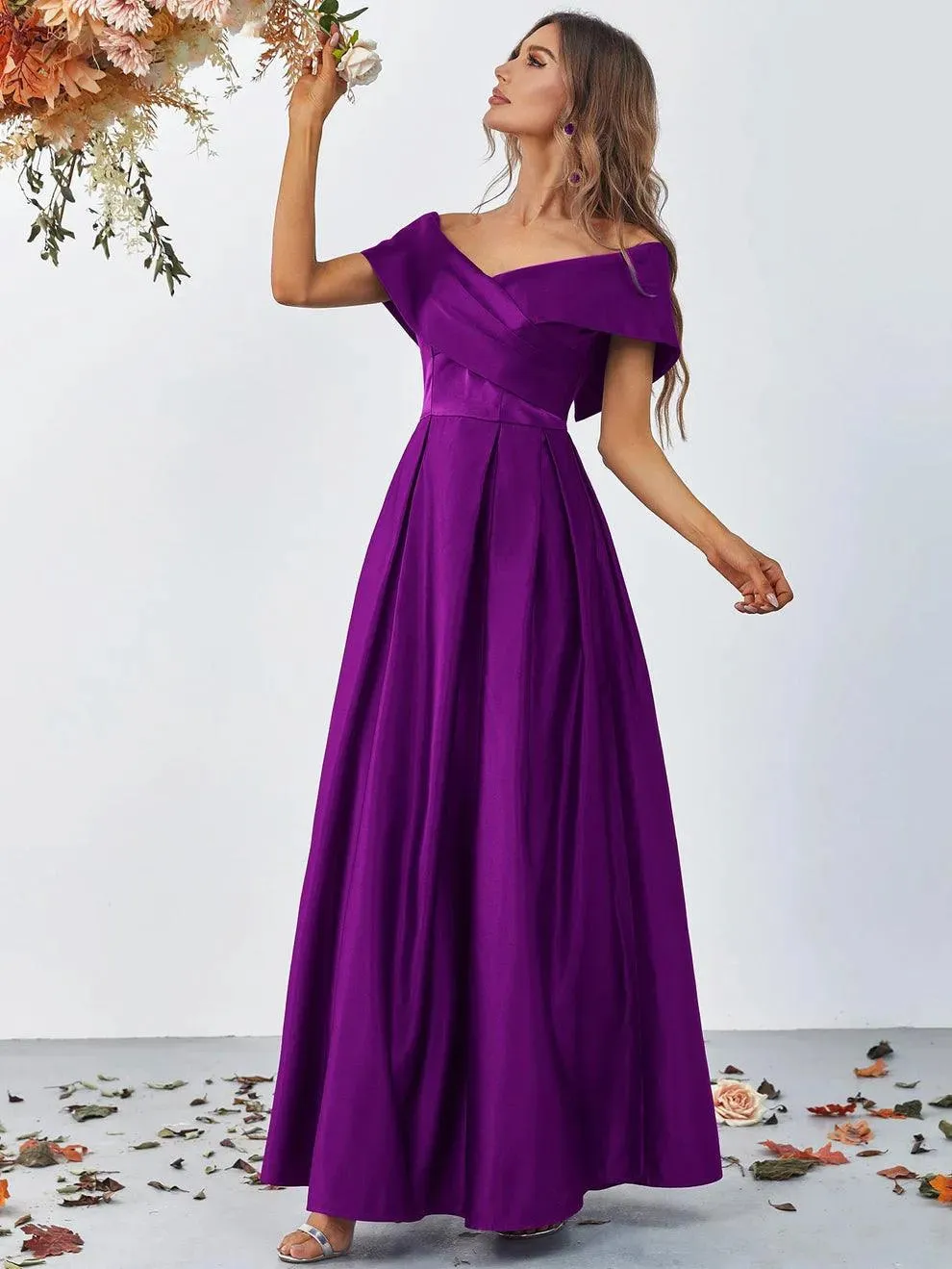 Off Shoulder Fold Pleated Detail Satin A Line Dress