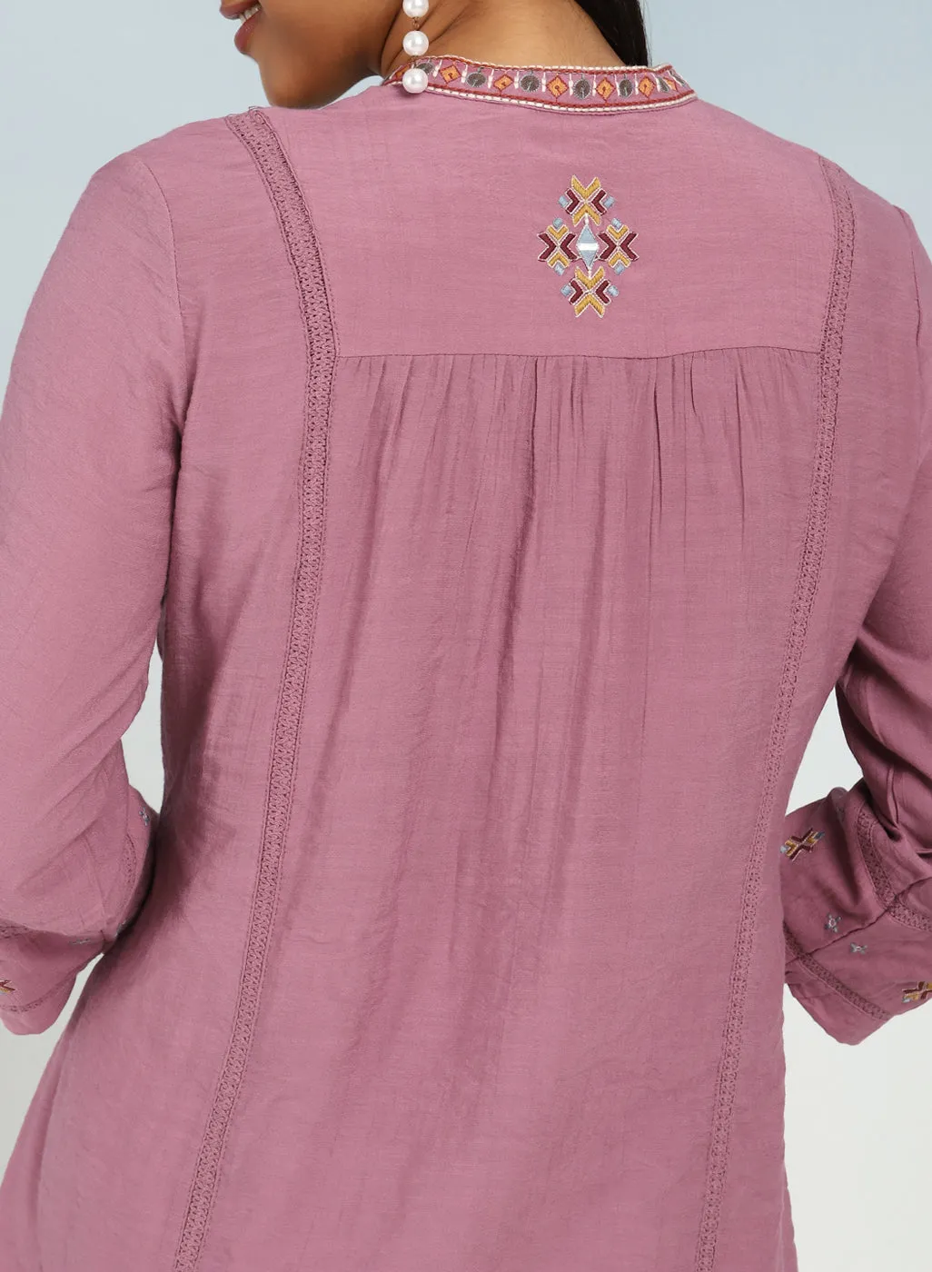 Onion Pink Tunic with Front Yoke Embroidery Detail