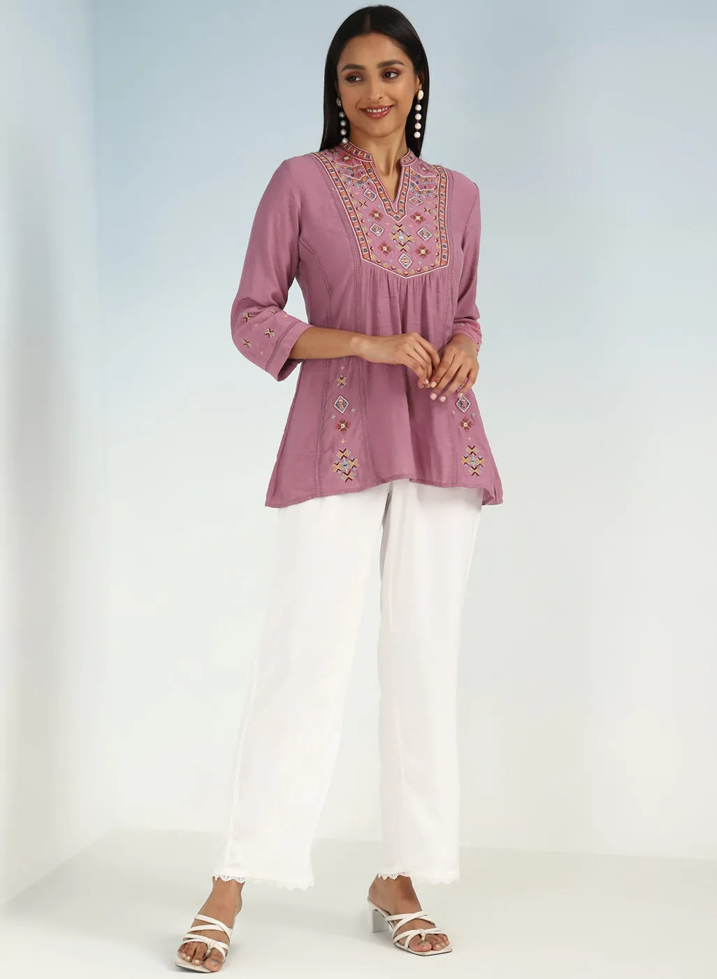 Onion Pink Tunic with Front Yoke Embroidery Detail