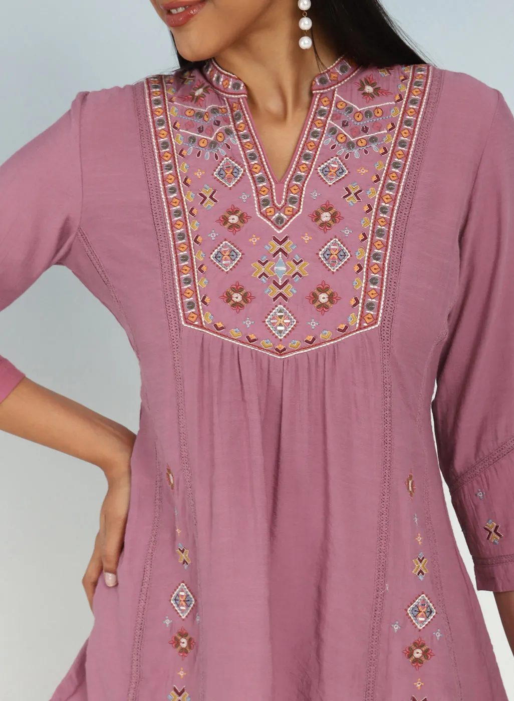 Onion Pink Tunic with Front Yoke Embroidery Detail