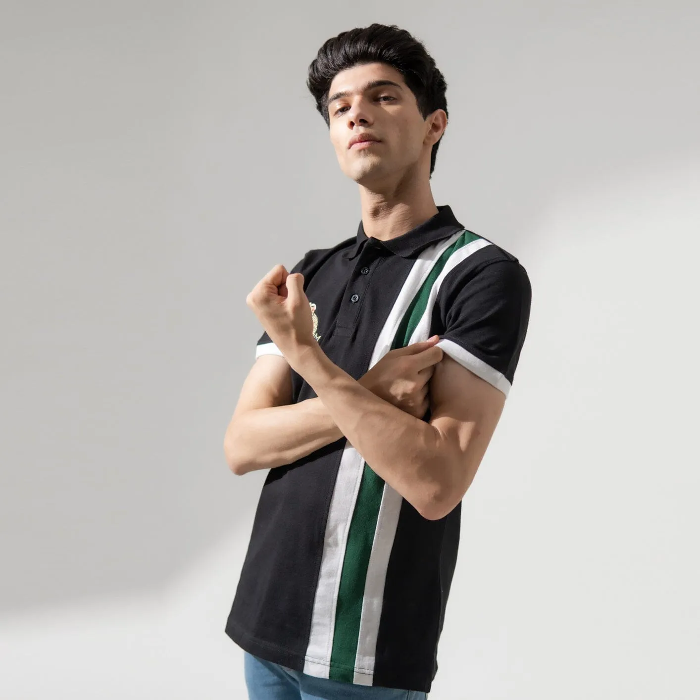 Polo Republica Men's Crest Embroidered Contrast Stripe Panel Polo Shirt