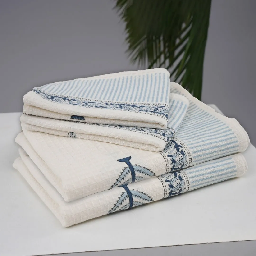 Pure Cotton Hand and Bath Towel Set | Block Printed in White & Blue Pattern | Super Absorbent, Soft & Faster Drying | 300 GSM | Handmade In India