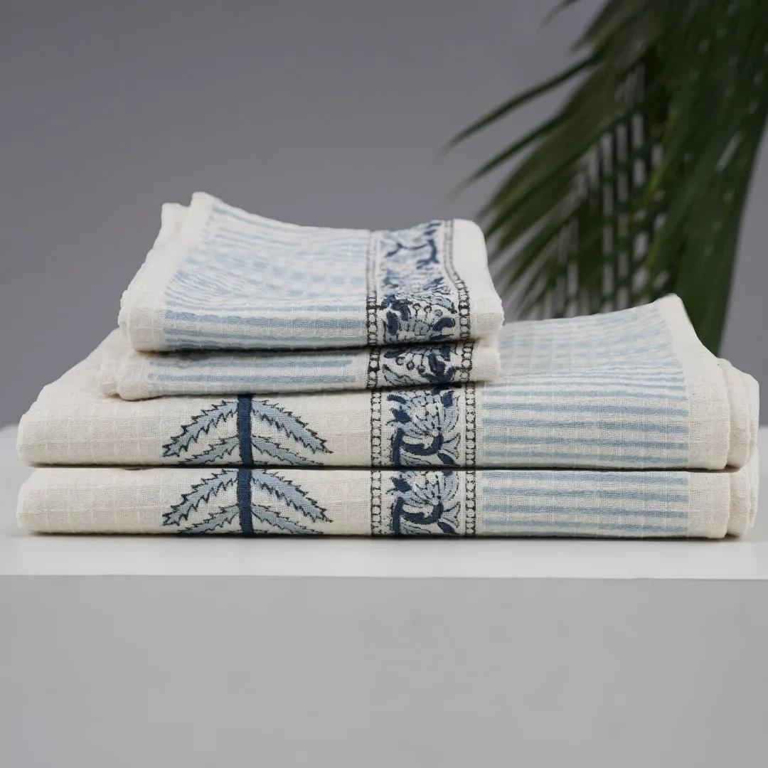 Pure Cotton Hand and Bath Towel Set | Block Printed in White & Blue Pattern | Super Absorbent, Soft & Faster Drying | 300 GSM | Handmade In India