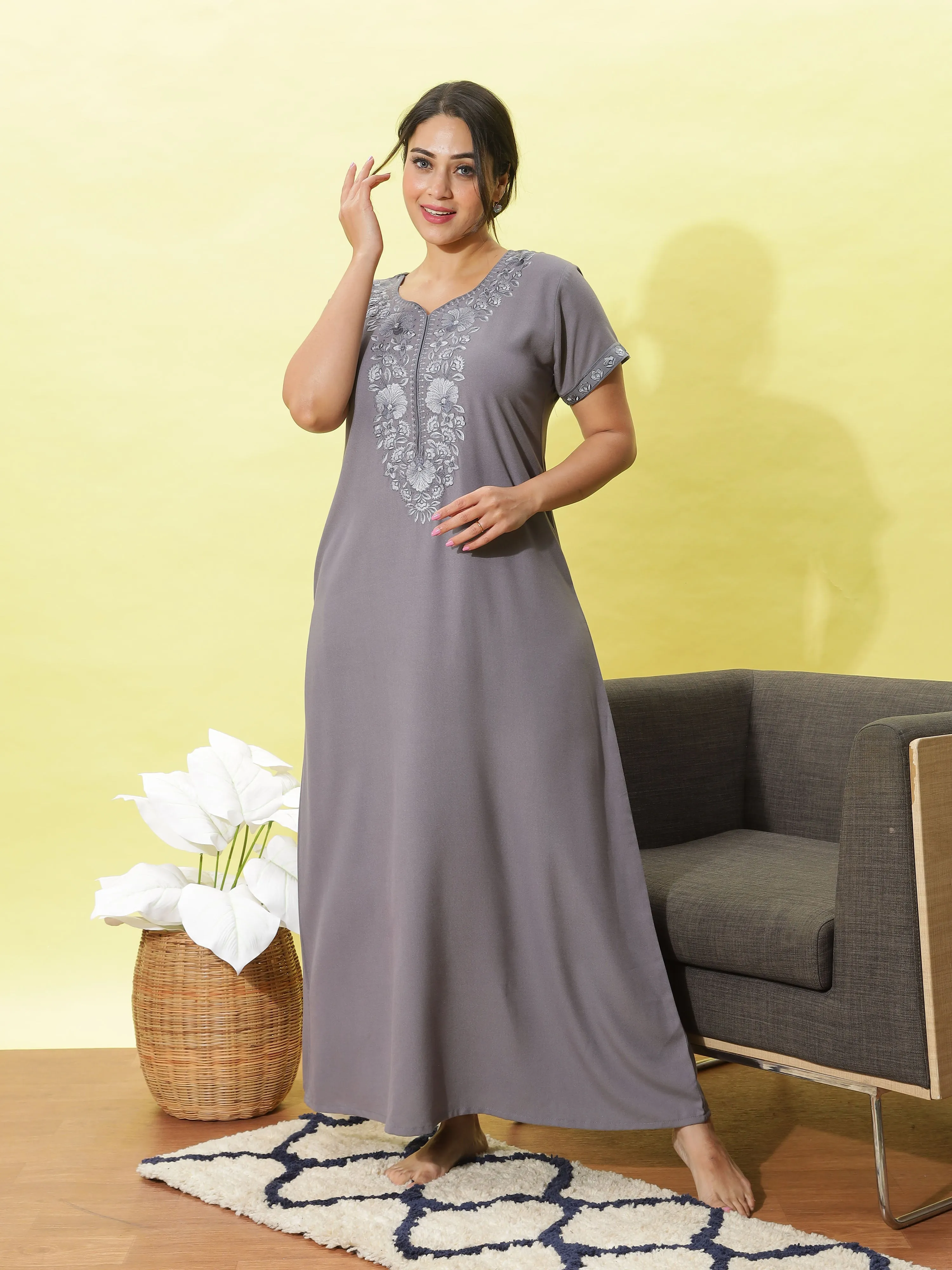 Sadabahar French Silver Alpine Nighty with Elegant Embroidery