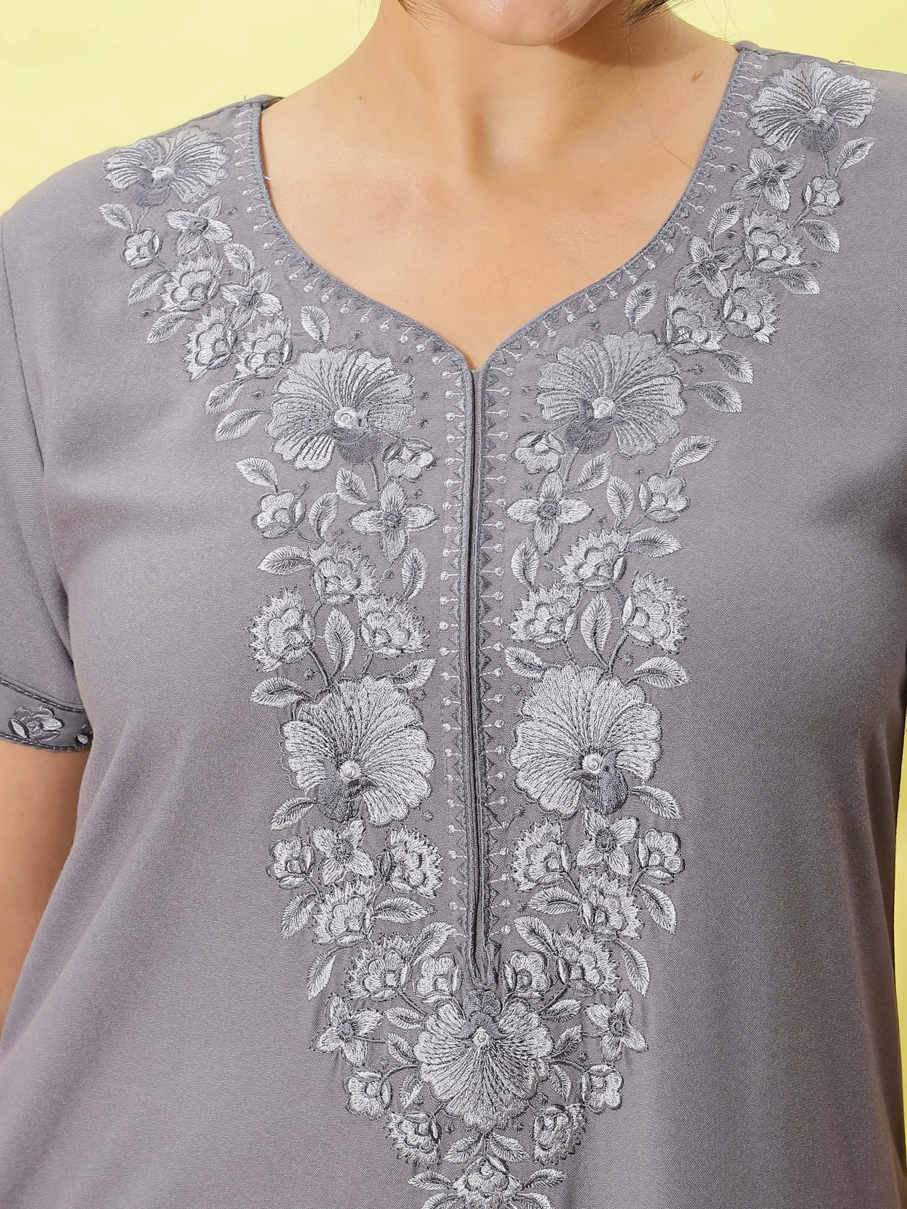 Sadabahar French Silver Alpine Nighty with Elegant Embroidery