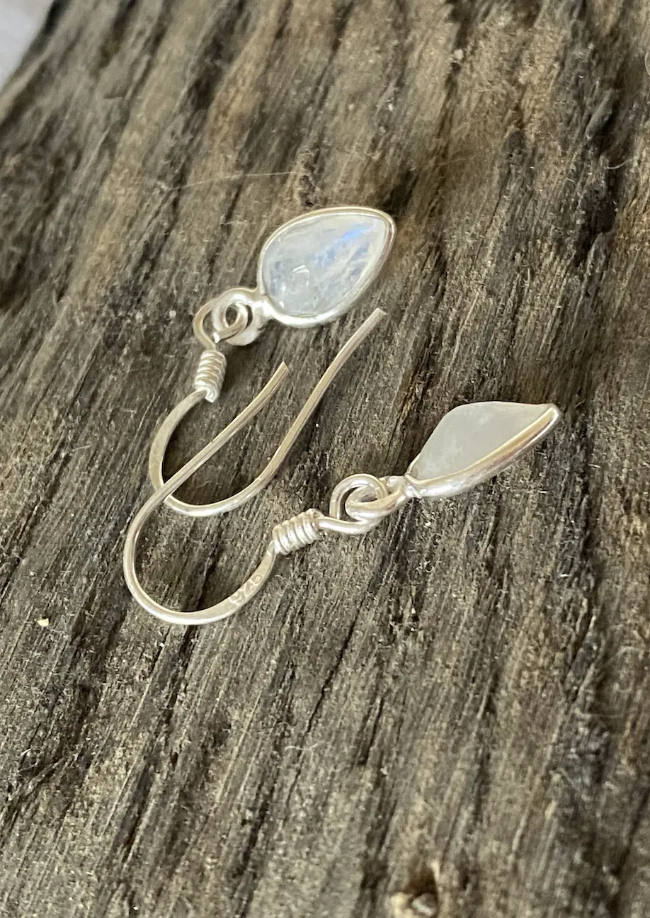 Solid Silver Rainbow Moonstone Tear-drop Drop Earrings