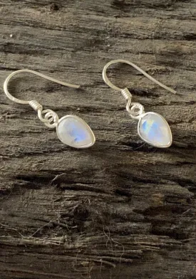 Solid Silver Rainbow Moonstone Tear-drop Drop Earrings