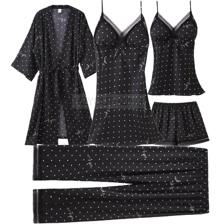 VenusFox Pajama Set Women Lace Trim Satin Sleepwear Pour Femme Summer Nightwear With Pants Casual Home Wear Kimono Robe Gown
