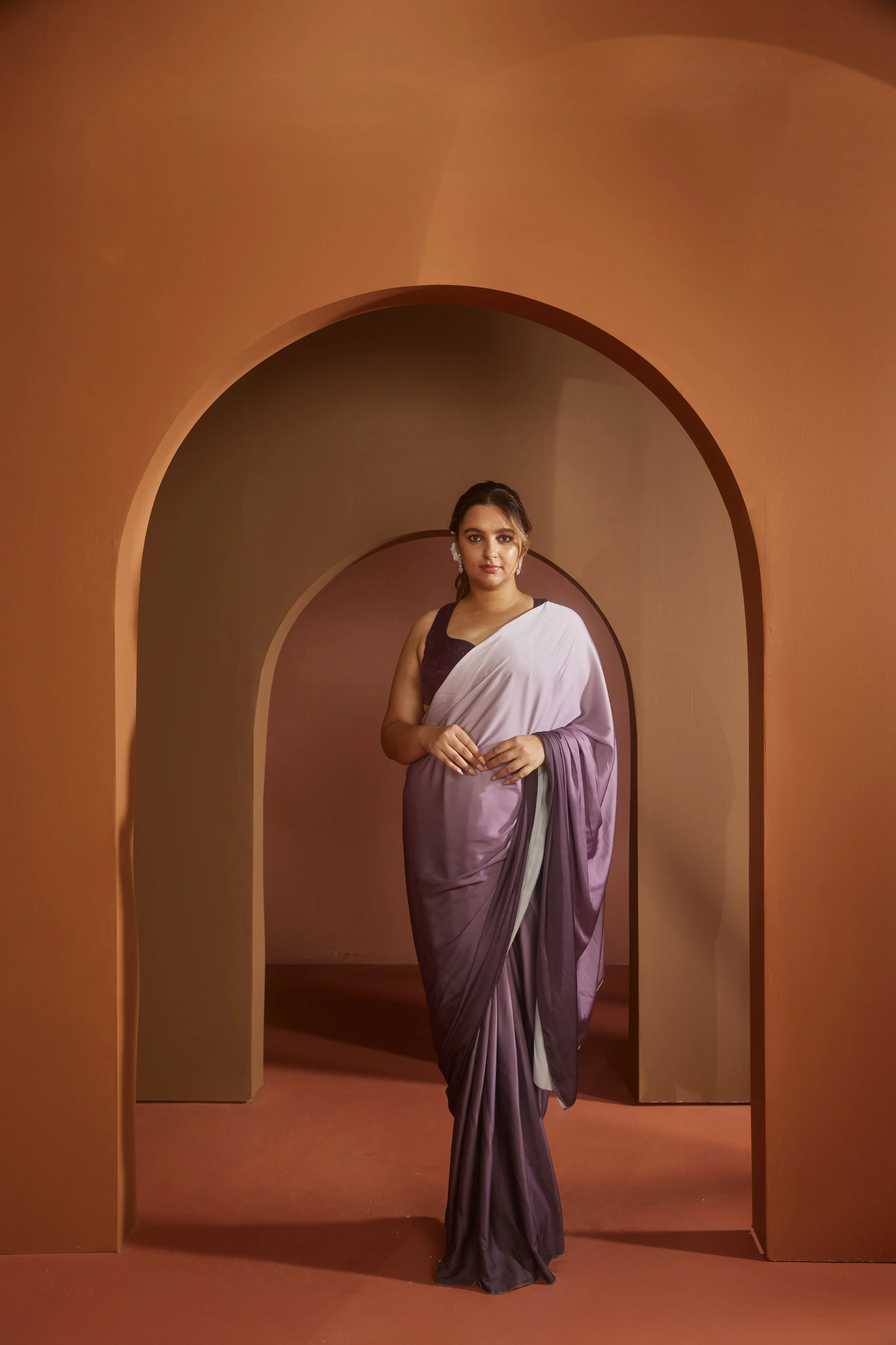 Yazrin Purple Ombre Satin Pre- Draped Saree Set