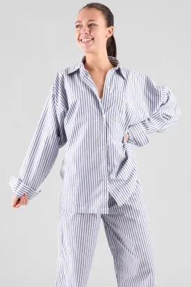 Yew Striped Ethical-Cotton Pyjama Shirt - Oceanic Blue